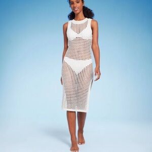 Cream open knit crochet beach cover up midi dress, Shade & Shore, size S
